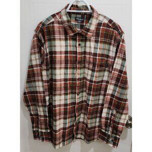 Eddie Bauer Red Plaid Stiped Flannel Button Up Long Sleeve Shirt Size XL Cotton